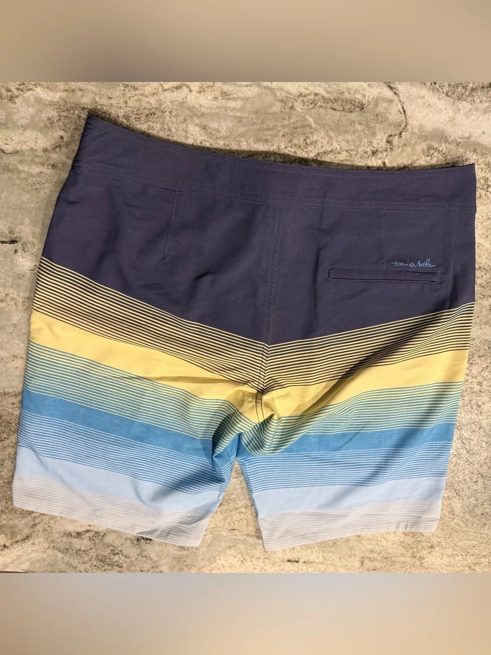 NWT | Travis Mathew | Seegrid Swim Board Shorts | Size 36 | Blue & Yellow Stripe